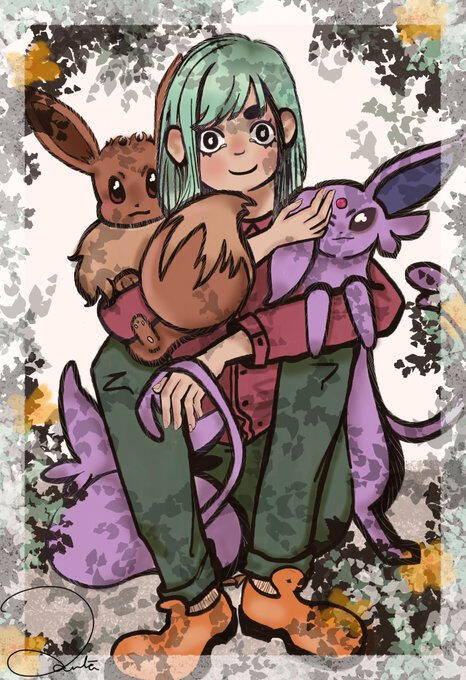 Original Character with Eevee and Espeon Pokemon.